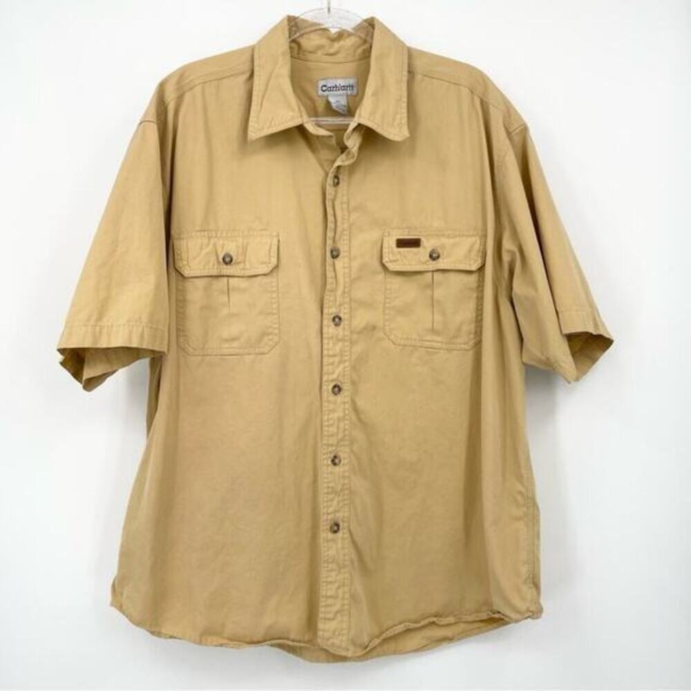 Vintage 90s Carhartt Button‎ Down Short Sleeve Size XL Khaki